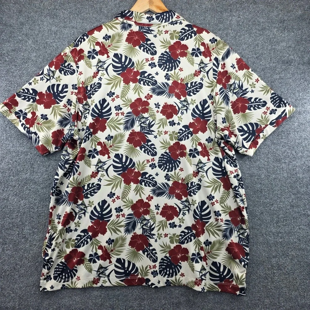 Caddy Cart Mens XL Tropical‎ Marlin Floral Performance Golf Polo Shirt Cream Red